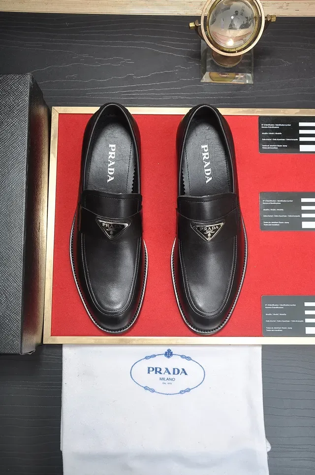 Prada Triangle Logo Loafer Black Smooth Leather Metal Plaque Loafer 5
