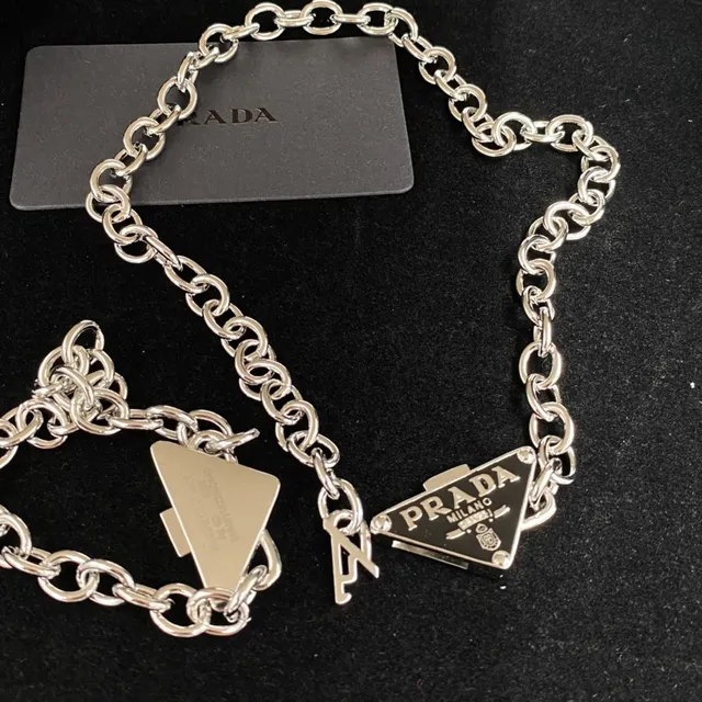 Prada Triangular Logo Pendant Chunky Chain Necklace 2