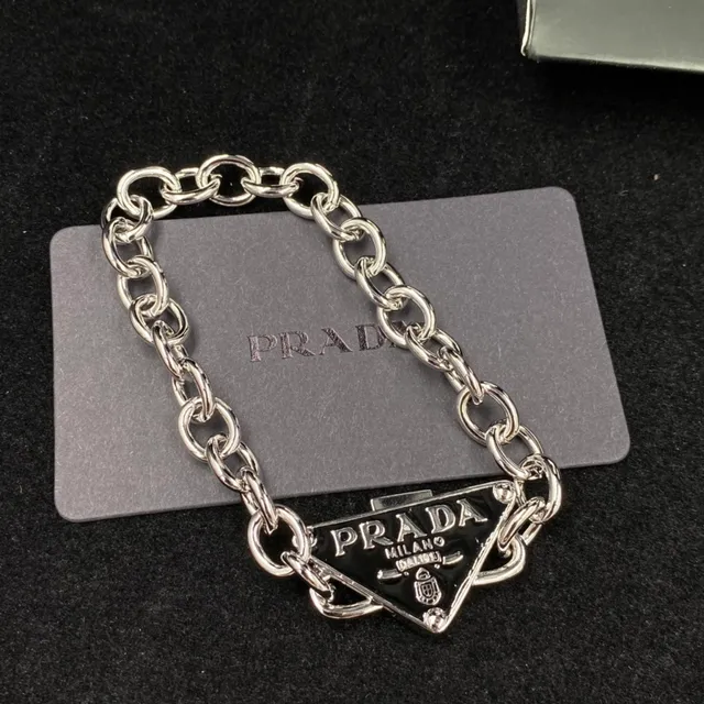 Prada Triangular Logo Pendant Chunky Chain Necklace 4