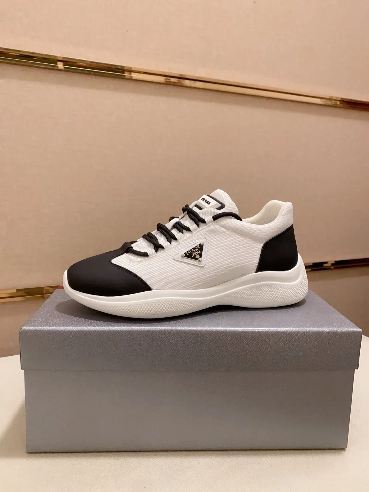 Prada White and Black Textile and Leather Sneaker 2