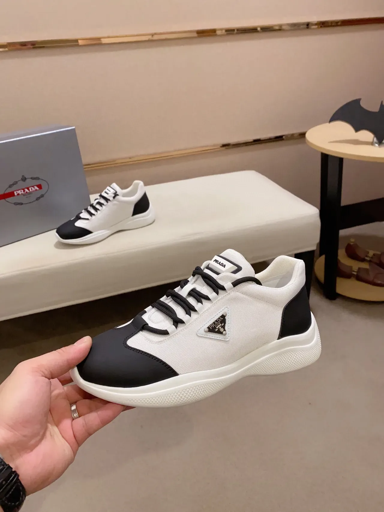 Prada White and Black Textile and Leather Sneaker 3