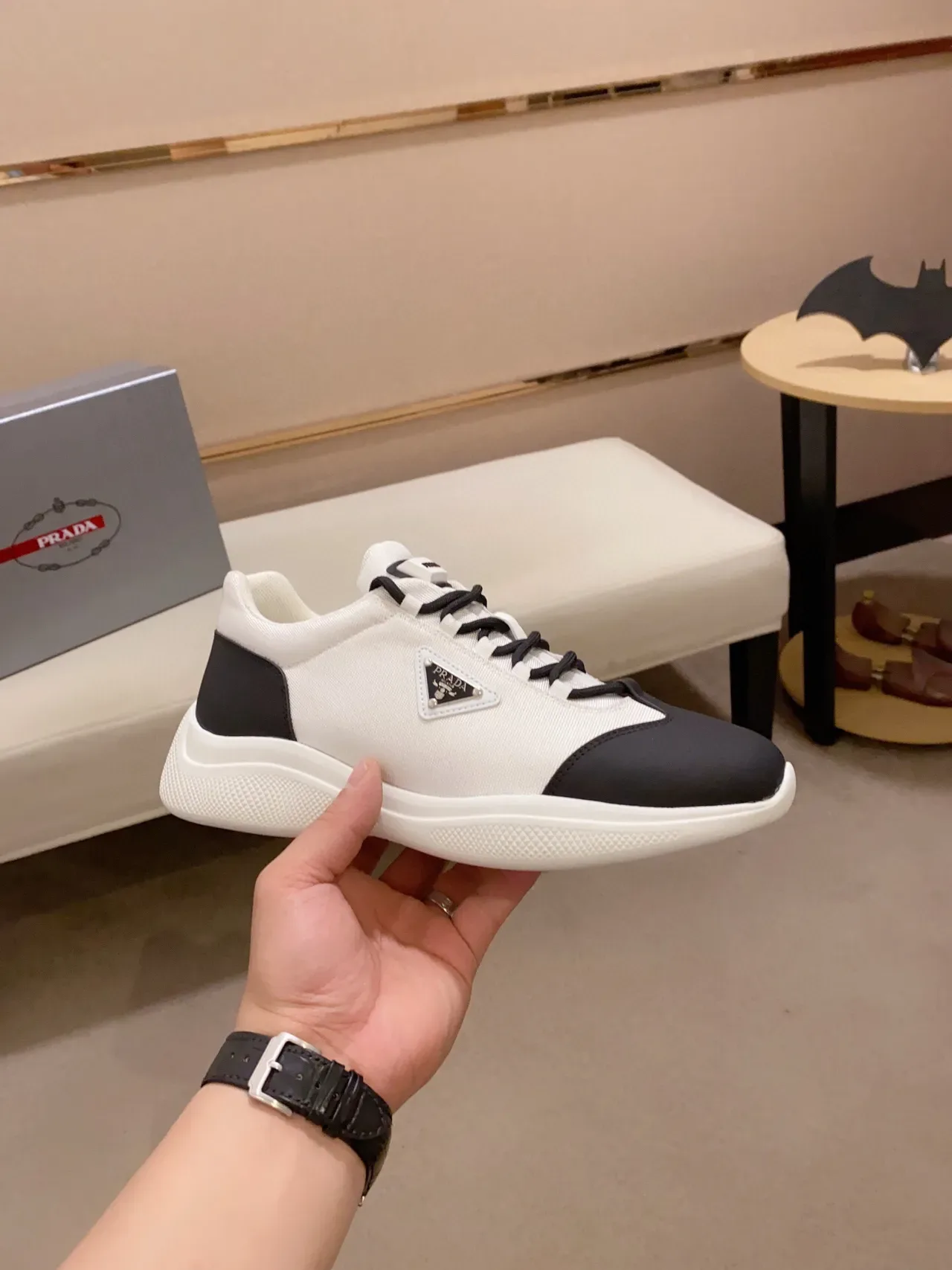 Prada White and Black Textile and Leather Sneaker 4