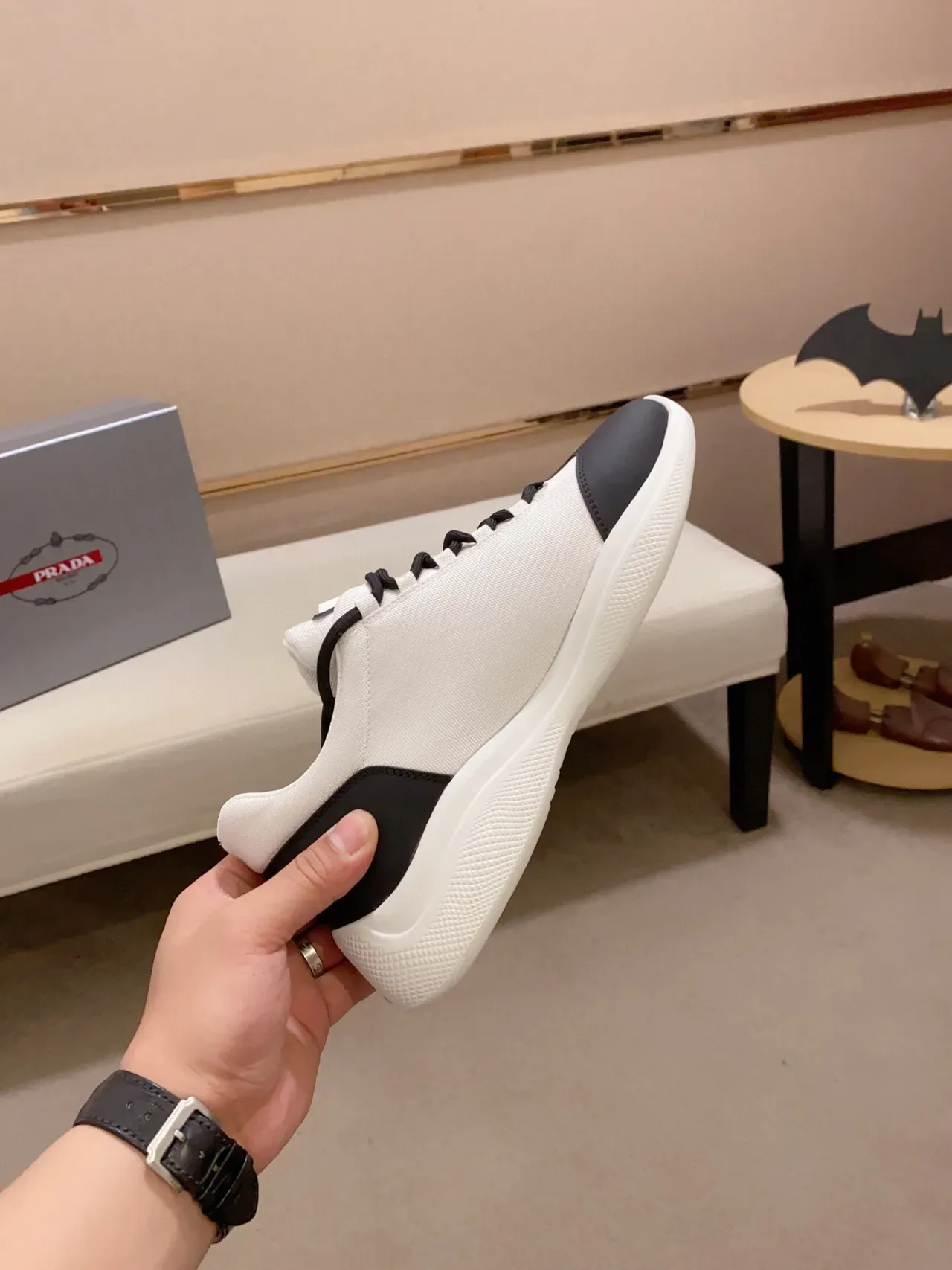 Prada White and Black Textile and Leather Sneaker 5