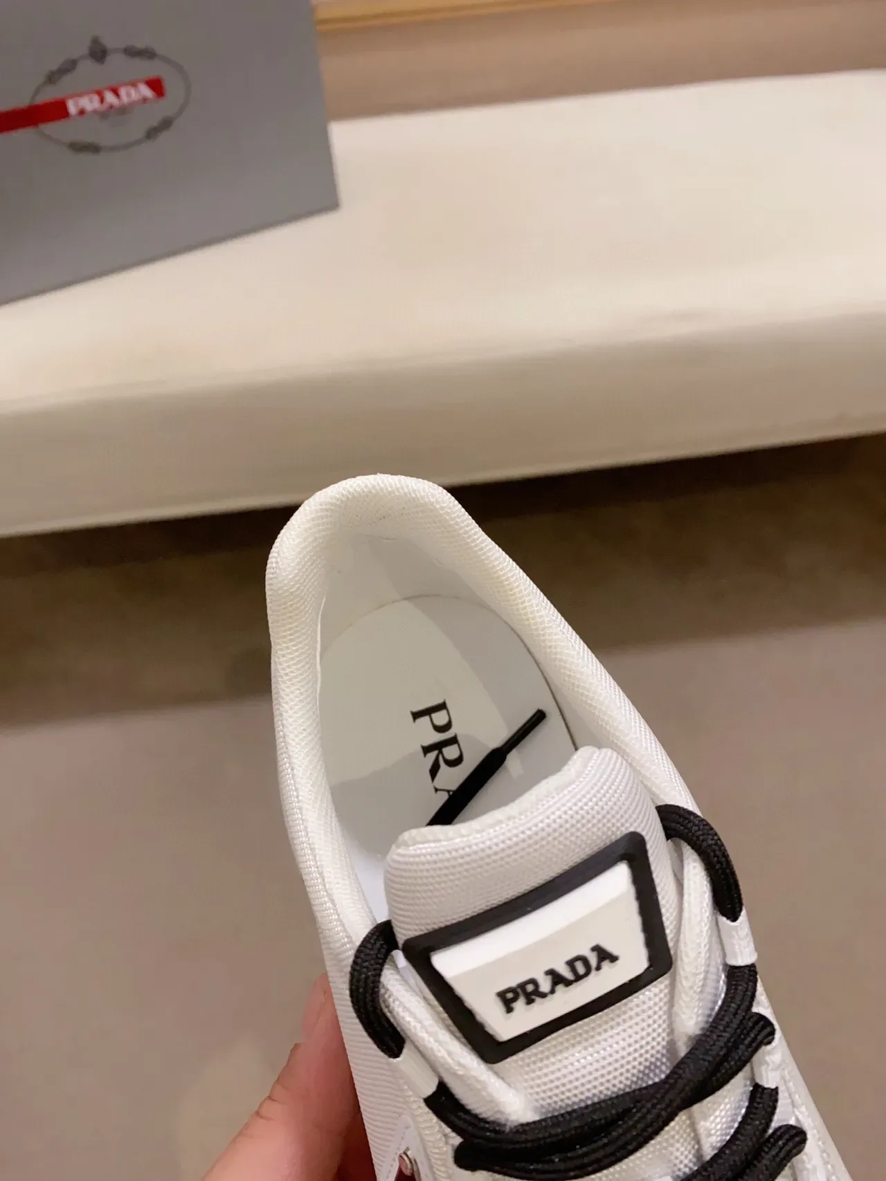 Prada White and Black Textile and Leather Sneaker 6