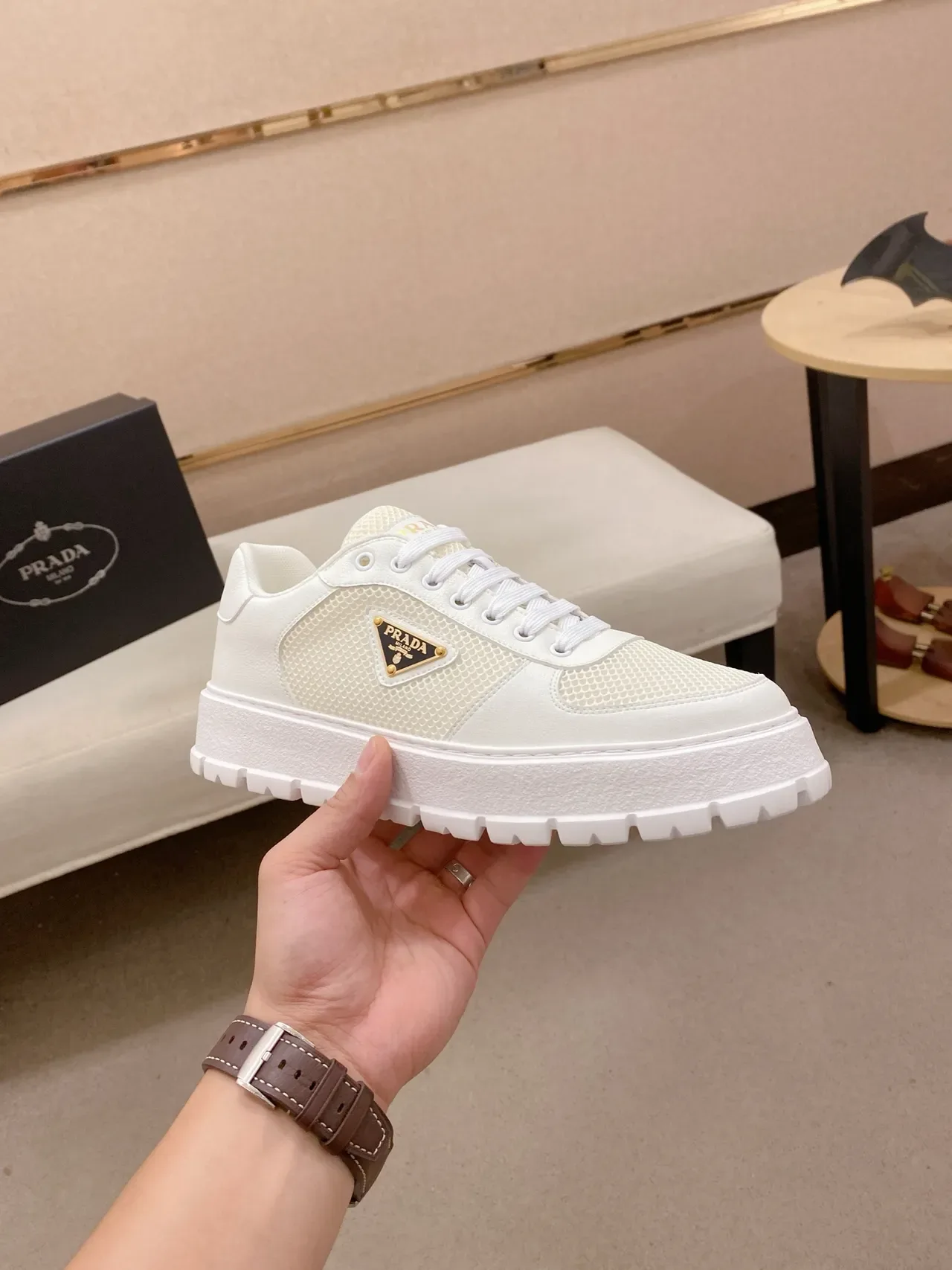 Prada White Beige Platform Sole Mesh And Leather Upper Lifestyle Sneakers 3