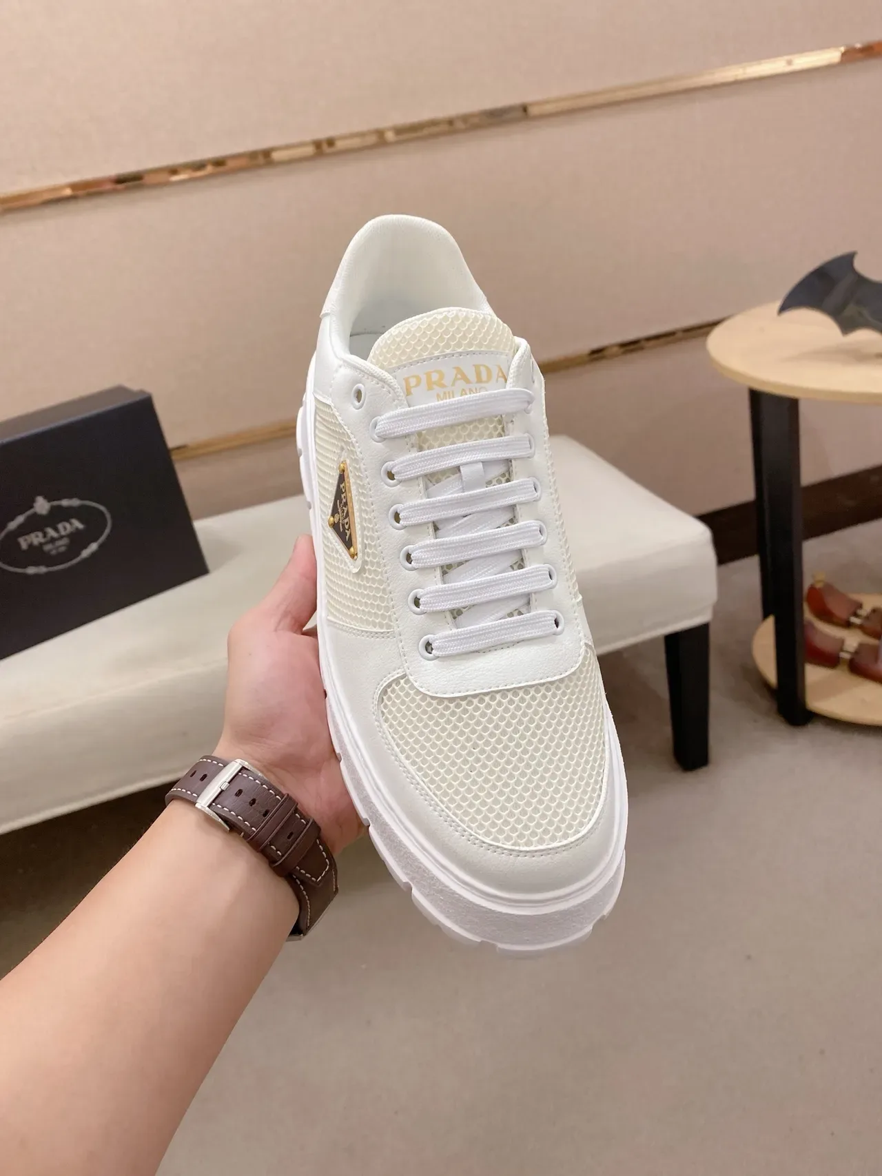 Prada White Beige Platform Sole Mesh And Leather Upper Lifestyle Sneakers 4