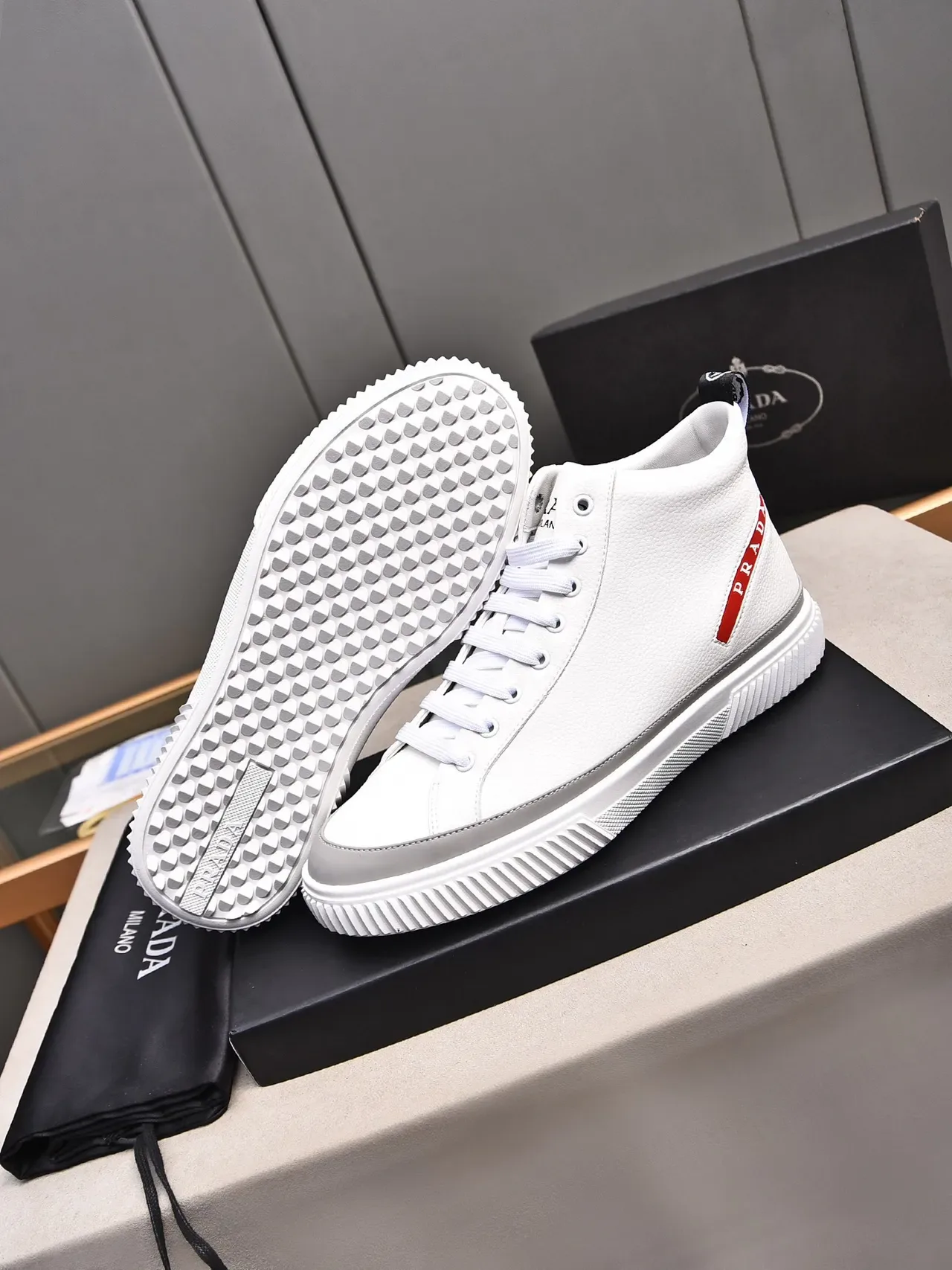 Prada White Red High-Top Textured Leather Lifestyle Sneakers 4