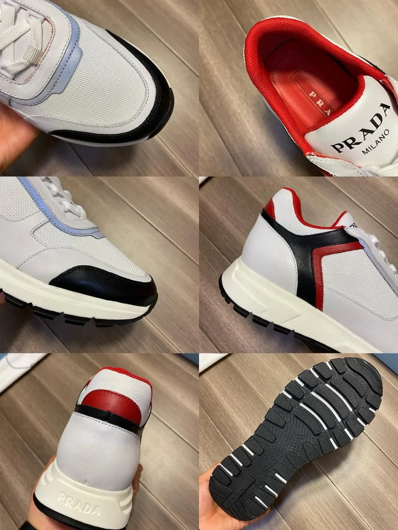 Prada White Red Mixed-Material Upper Color-Blocked Design Lifestyle Sneakers 2