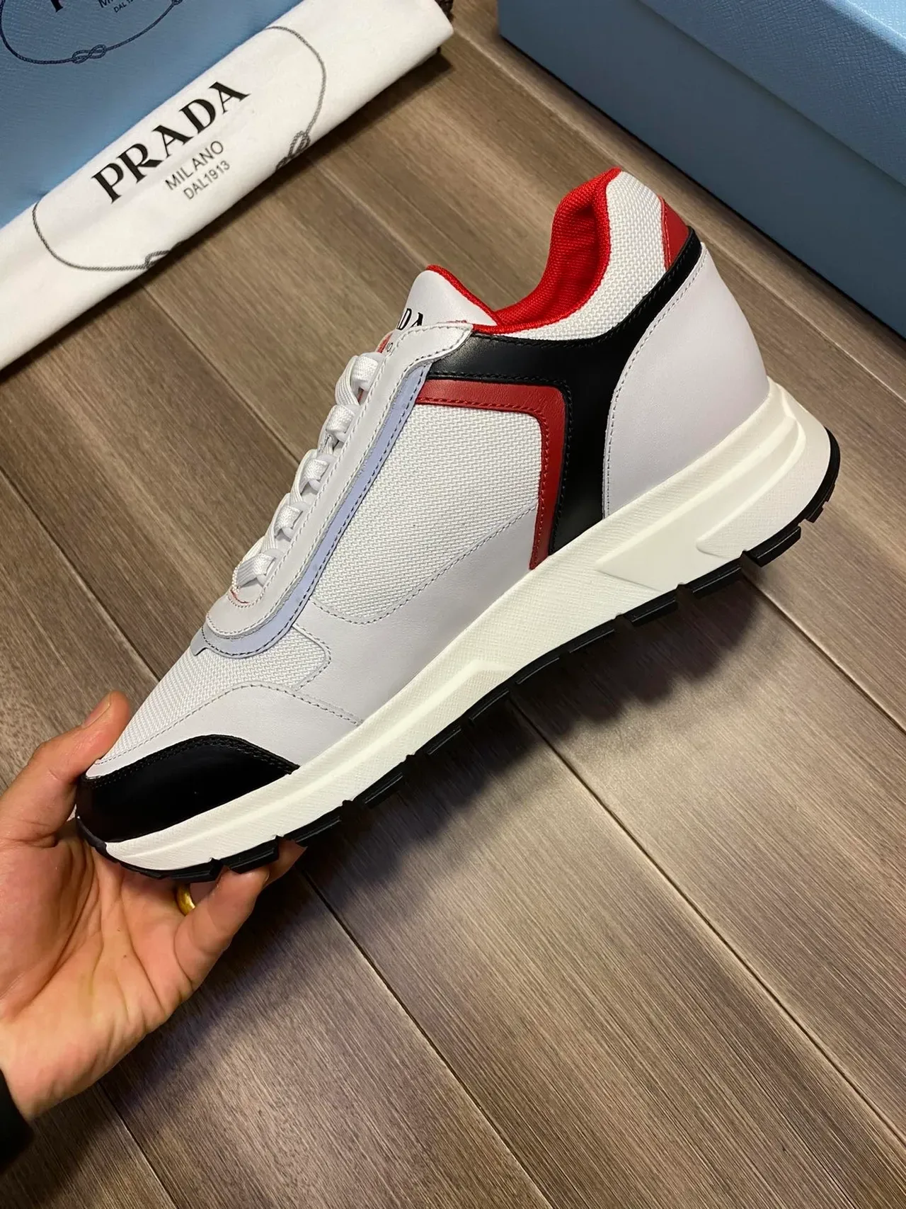 Prada White Red Mixed-Material Upper Color-Blocked Design Lifestyle Sneakers 3