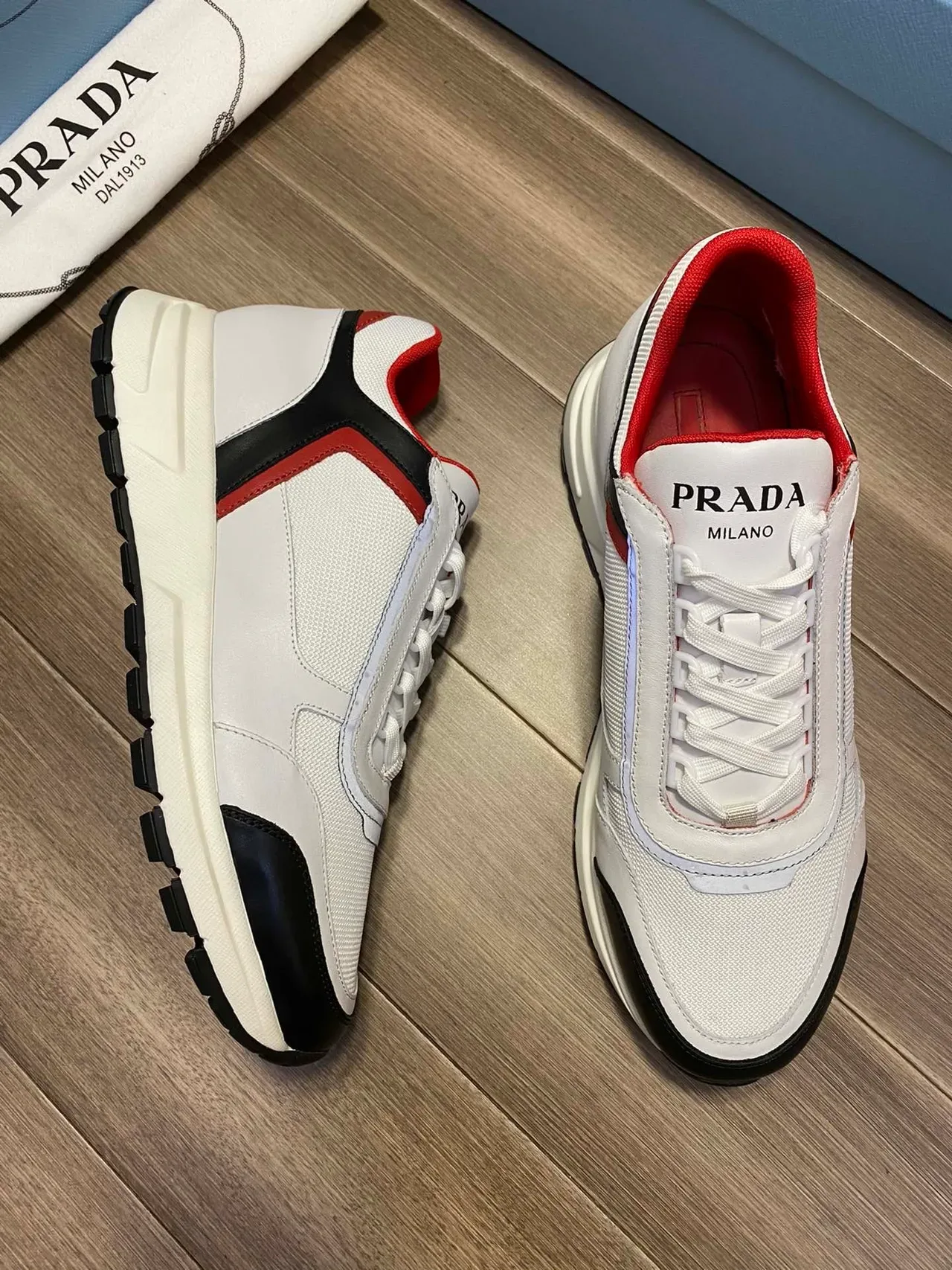 Prada White Red Mixed-Material Upper Color-Blocked Design Lifestyle Sneakers 7