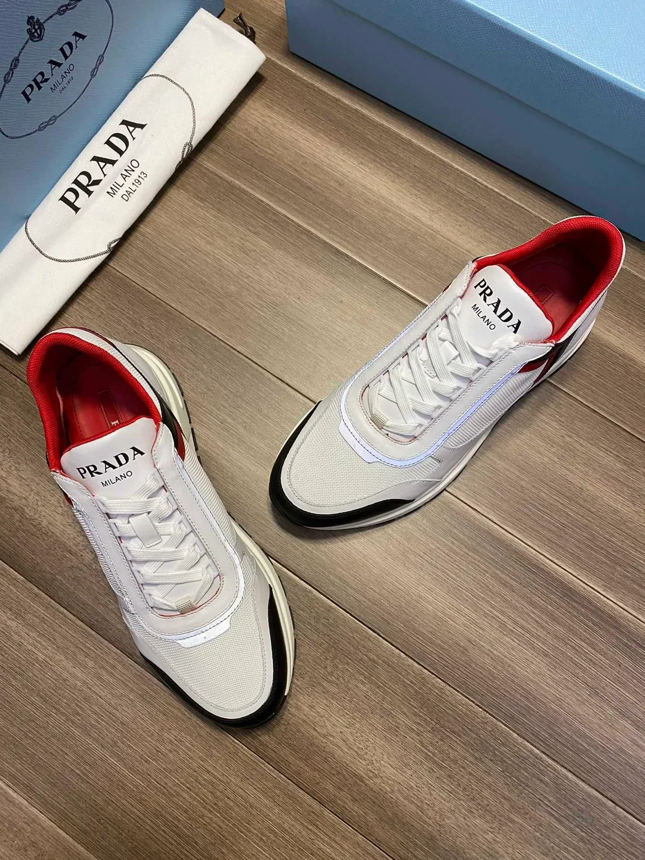 Prada White Red Mixed-Material Upper Color-Blocked Design Lifestyle Sneakers 8