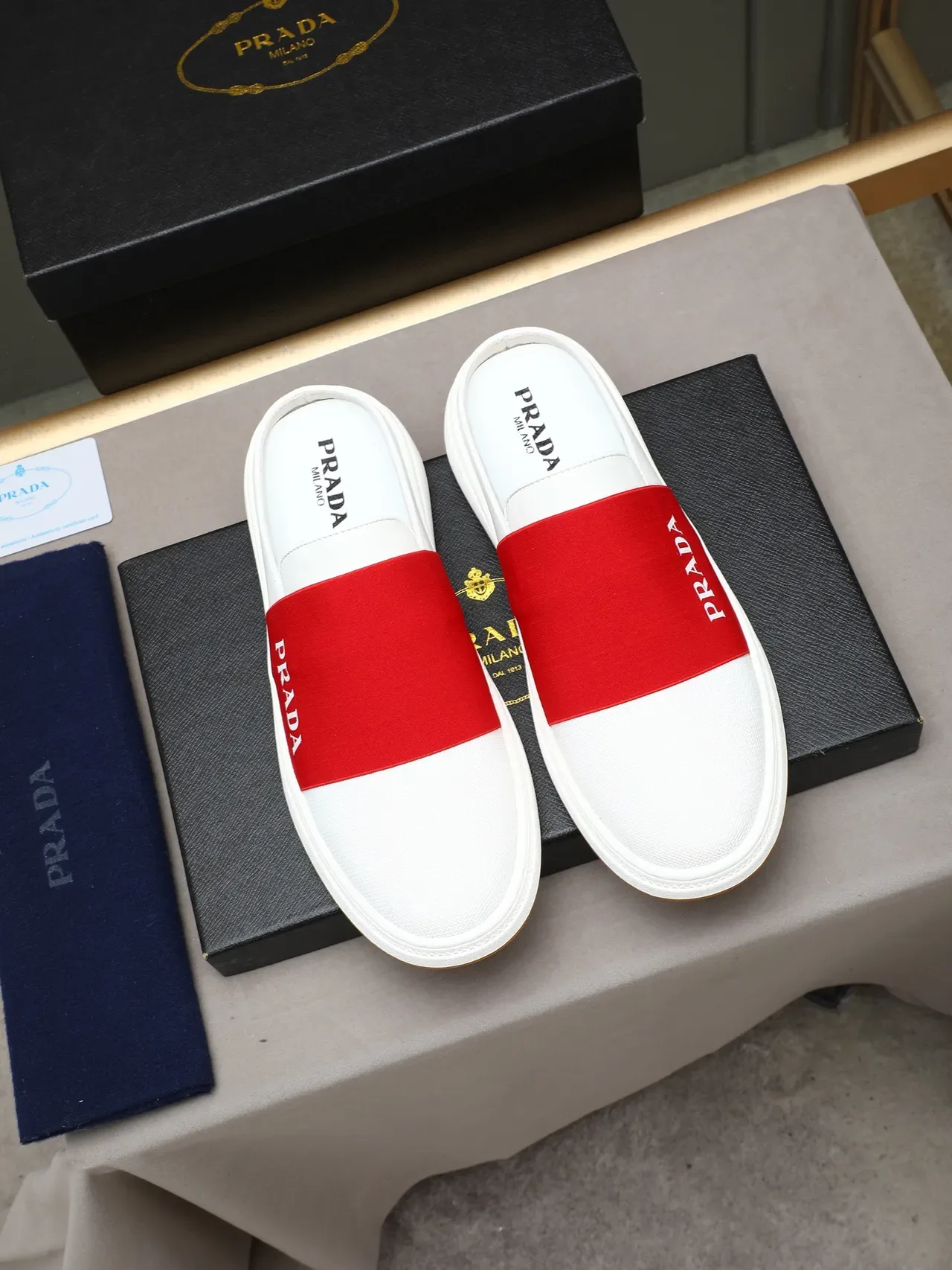 Prada White Red Slip-On Mule Elastic Logo Band Casual Shoes 2