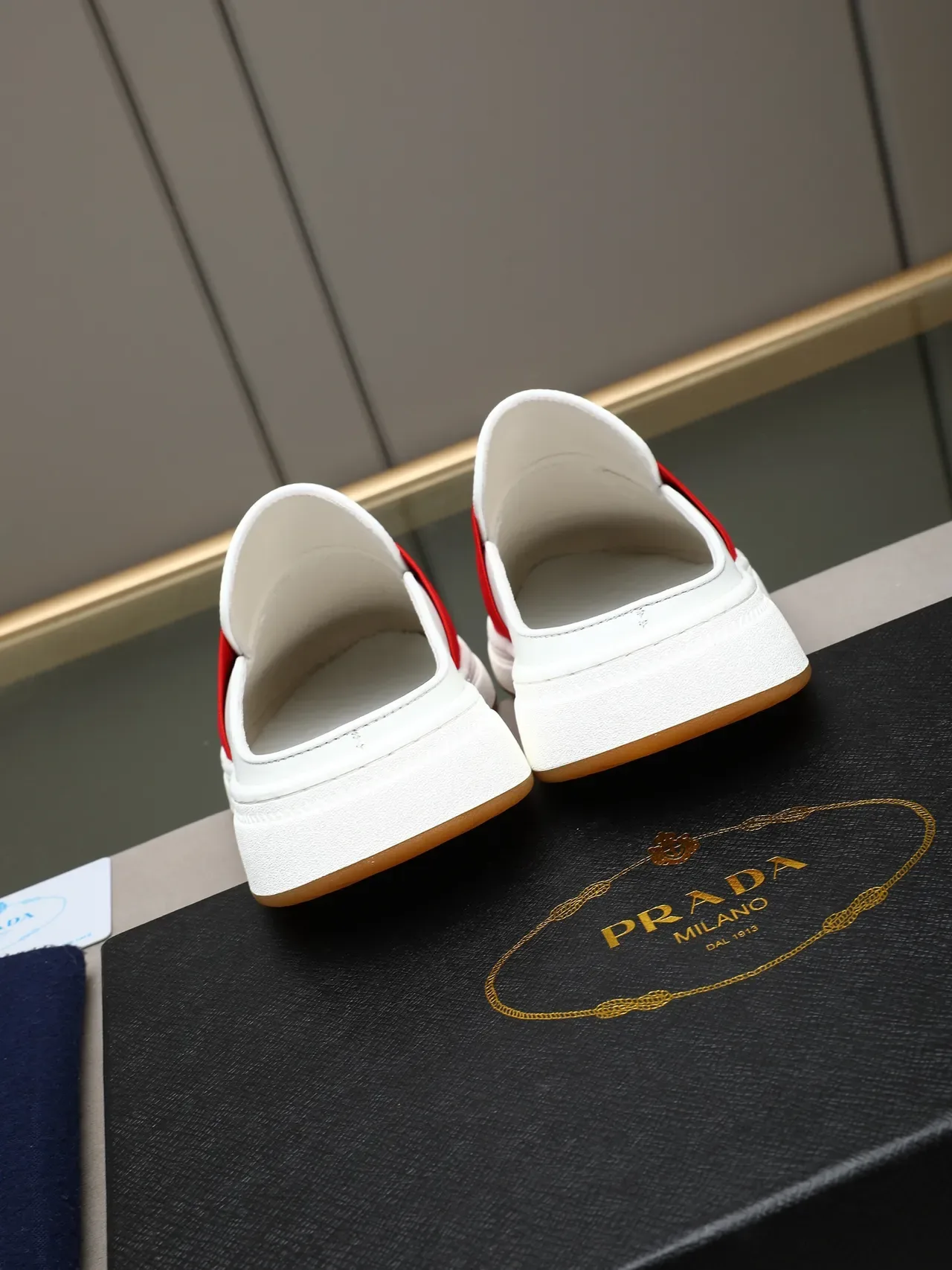 Prada White Red Slip-On Mule Elastic Logo Band Casual Shoes 3