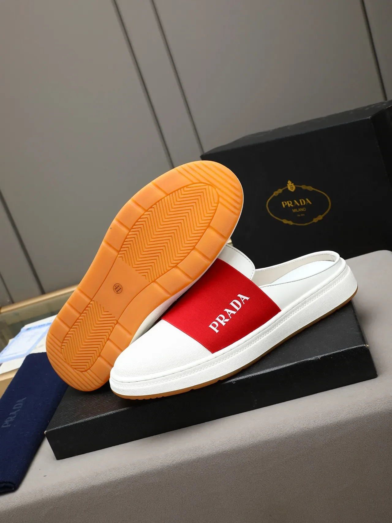 Prada White Red Slip-On Mule Elastic Logo Band Casual Shoes 4