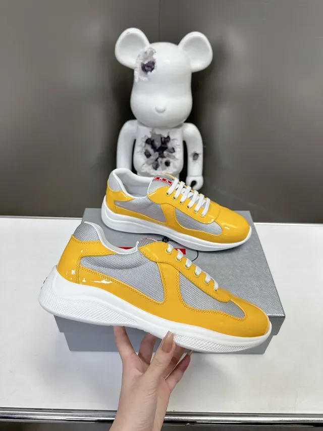 Prada Yellow White Glossy Patent Mesh Side Panels Lifestyle Sneakers 2