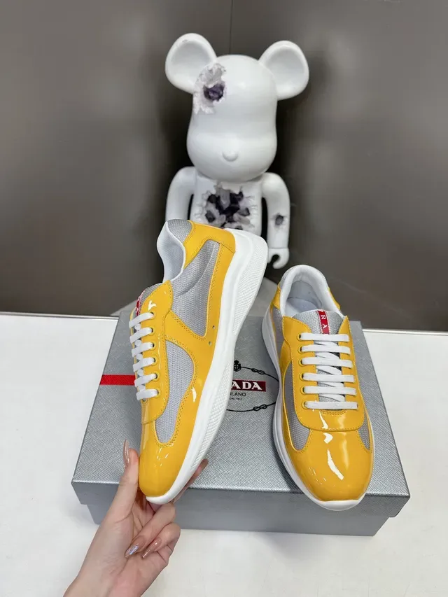 Prada Yellow White Glossy Patent Mesh Side Panels Lifestyle Sneakers 4