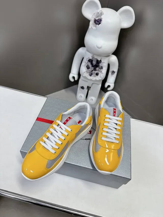 Prada Yellow White Glossy Patent Mesh Side Panels Lifestyle Sneakers 5