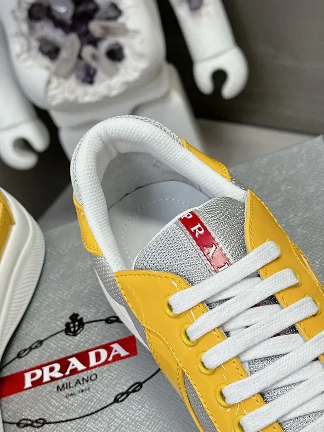 Prada Yellow White Glossy Patent Mesh Side Panels Lifestyle Sneakers 7