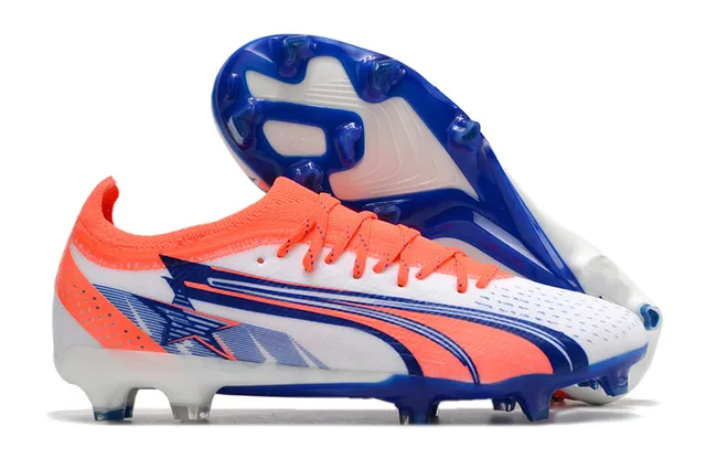 Puma Future Z Chaussures de football orange bleu à empeigne en knit de coupe basse lacets asymétriques pour terrain ferme 5