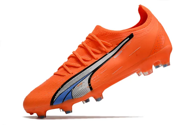 Puma Future Z Chaussures de football orange bleu à empeigne en knit de coupe basse lacets asymétriques pour terrain ferme 12