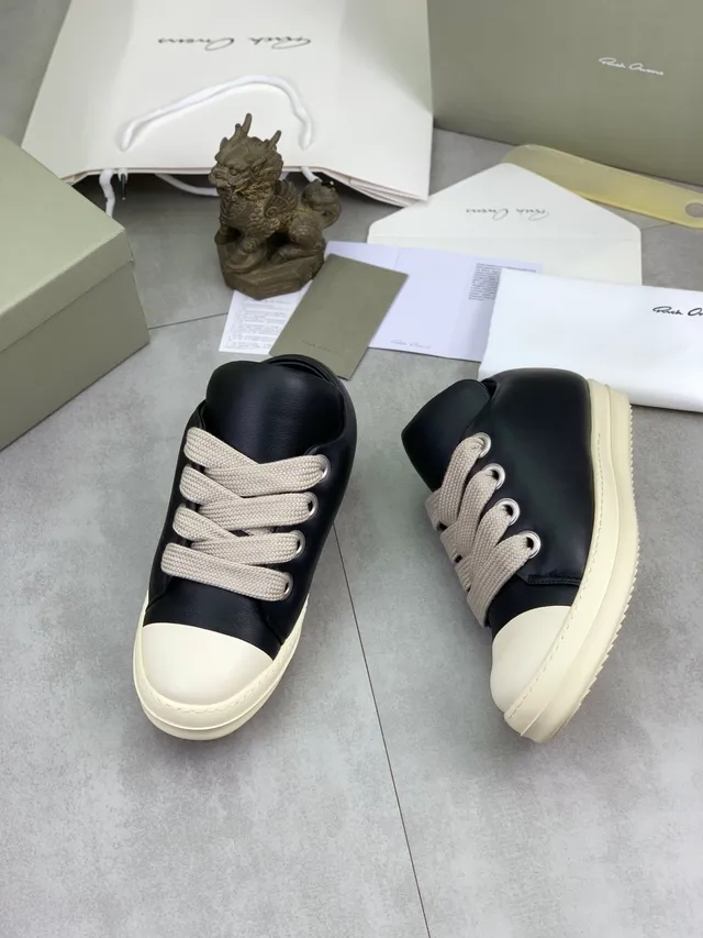 Rick Owens Black Beige Low-Top Leather Upper Lifestyle Sneakers 5
