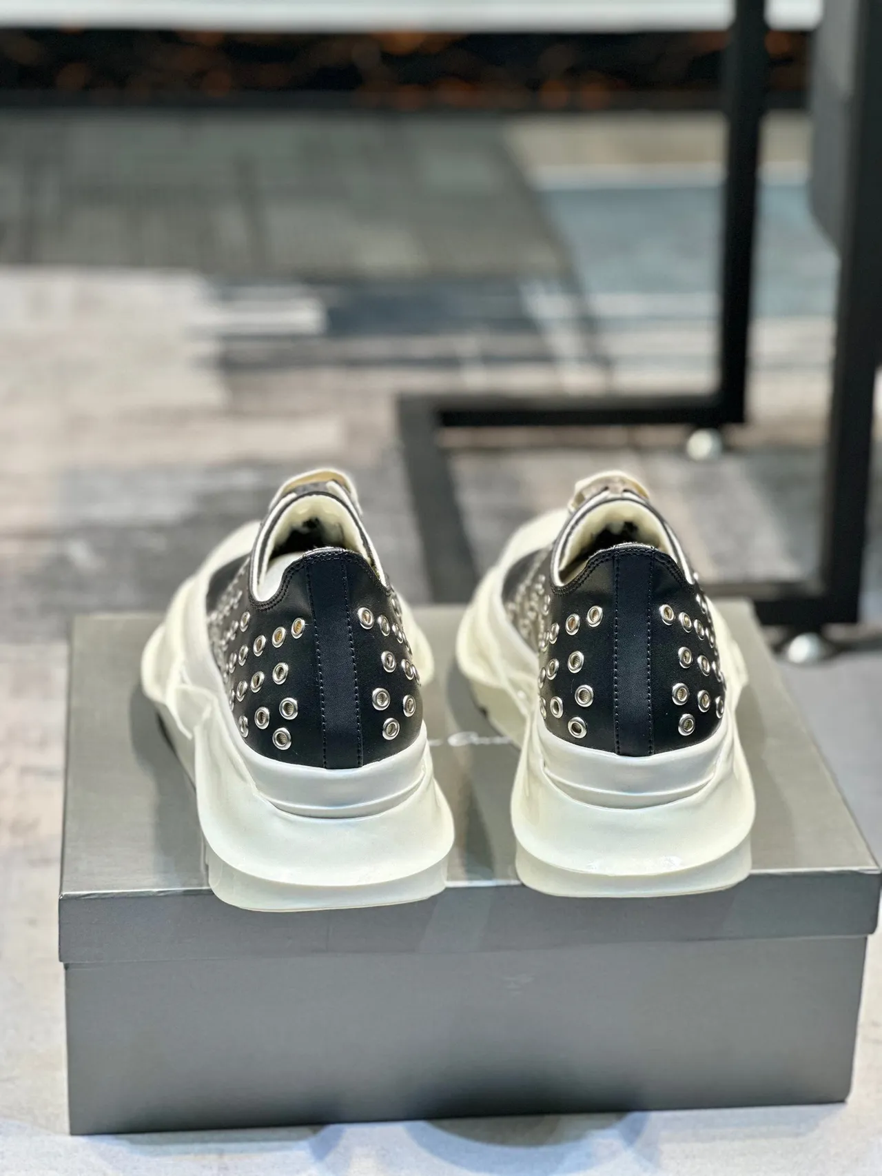 Rick Owens Black Beige Studded Leather Upper Sculpted Sole Chunky Sneakers 3