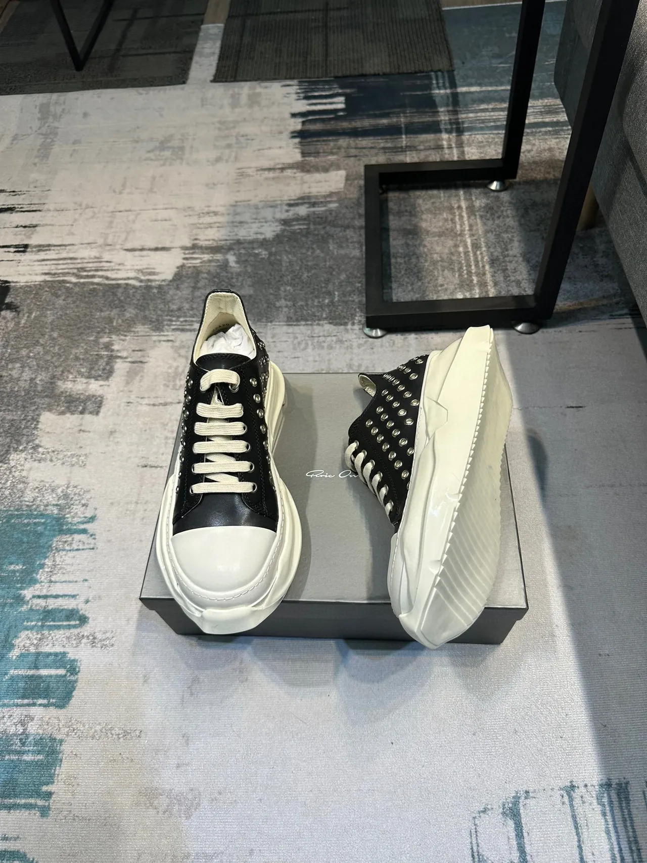 Rick Owens Black Beige Studded Leather Upper Sculpted Sole Chunky Sneakers 4