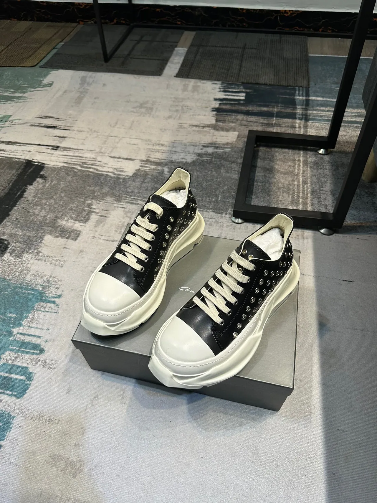 Rick Owens Black Beige Studded Leather Upper Sculpted Sole Chunky Sneakers 5
