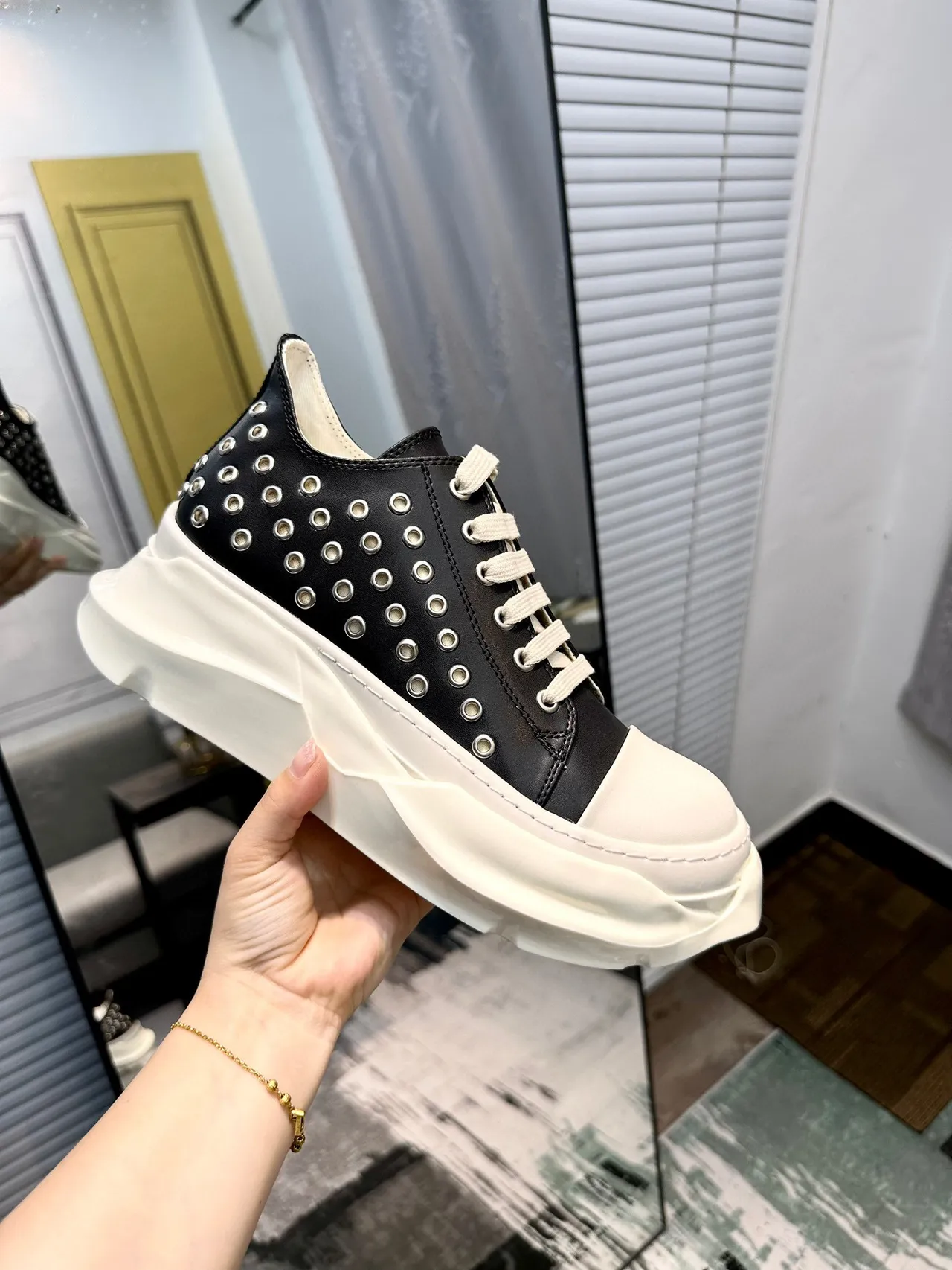 Rick Owens Black Beige Studded Leather Upper Sculpted Sole Chunky Sneakers 6
