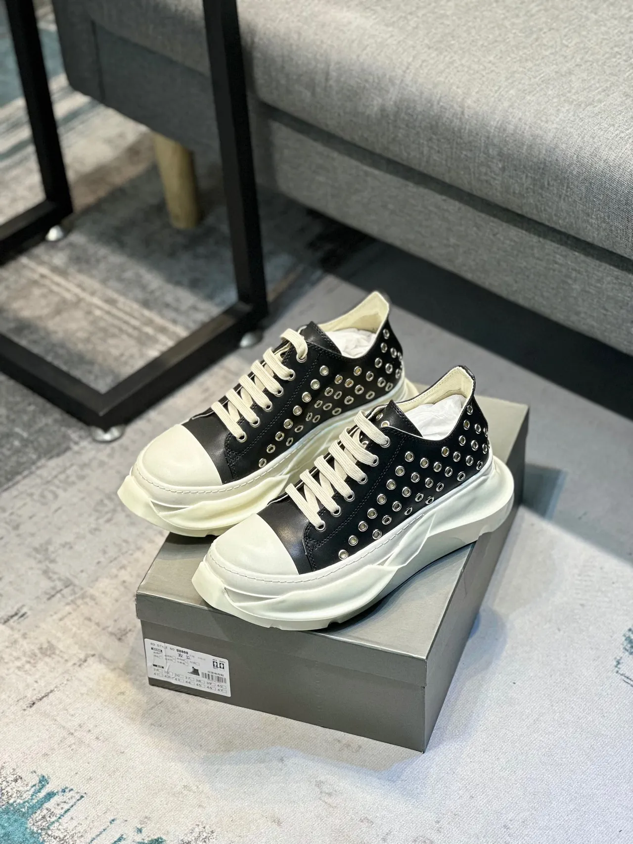 Rick Owens Black Beige Studded Leather Upper Sculpted Sole Chunky Sneakers 7