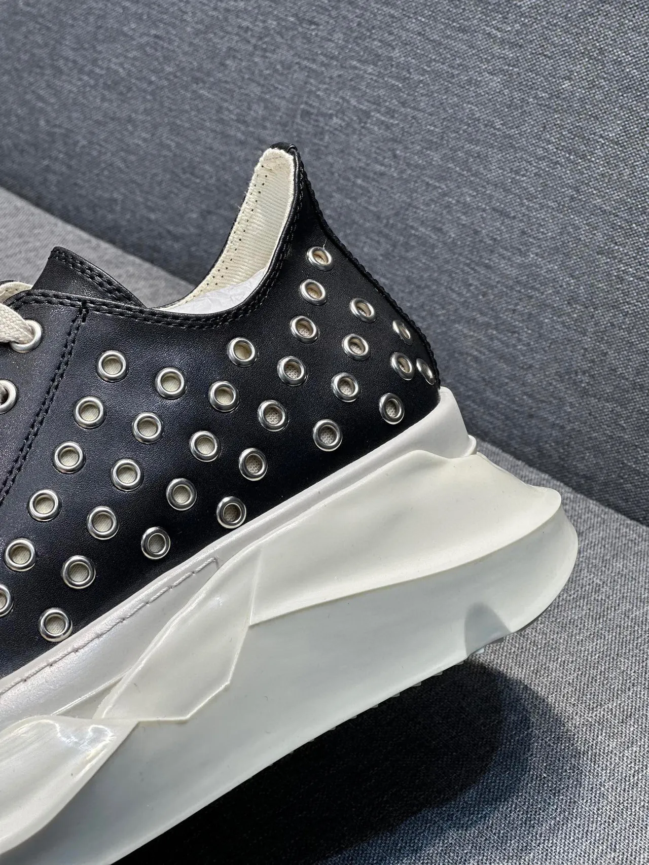 Rick Owens Black Beige Studded Leather Upper Sculpted Sole Chunky Sneakers 8