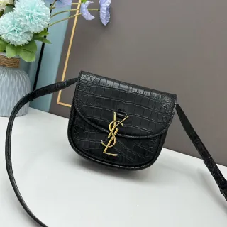 Saint Laurent Black Gold Crocodile-Embossed Leather YSL Monogram Clasp Saddle Bag