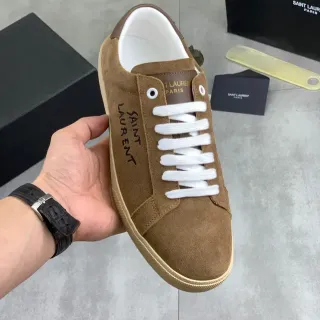 Saint Laurent Brown White Suede Upper Vertical Script Logo Lifestyle Sneakers