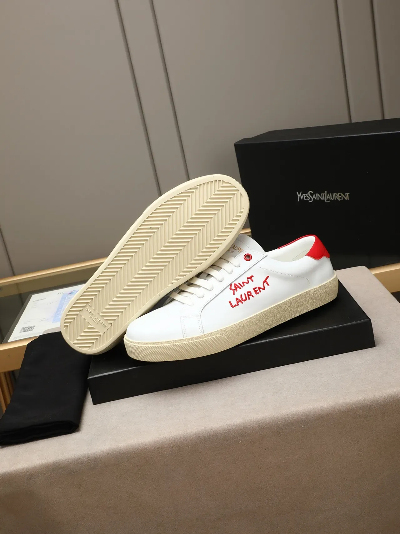 Saint Laurent Embroidered Logo White and Red Lifestyle Sneakers 4