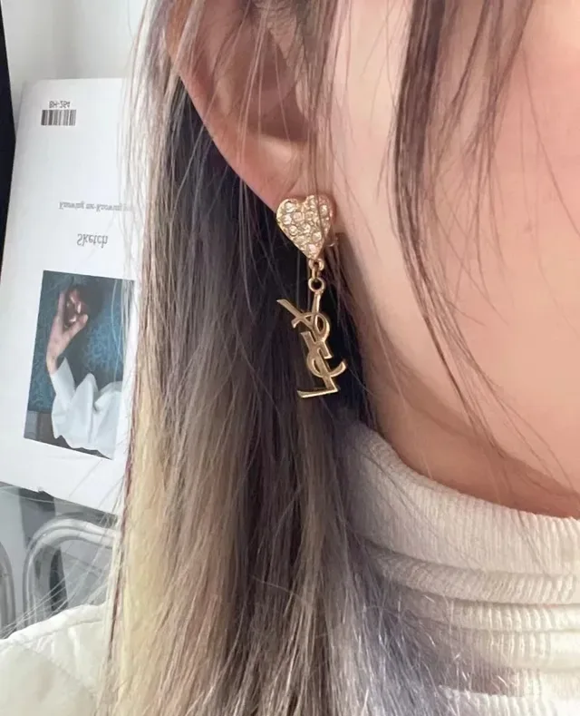 Saint Laurent Heart Crystal and Monogram Dangling Earrings 2