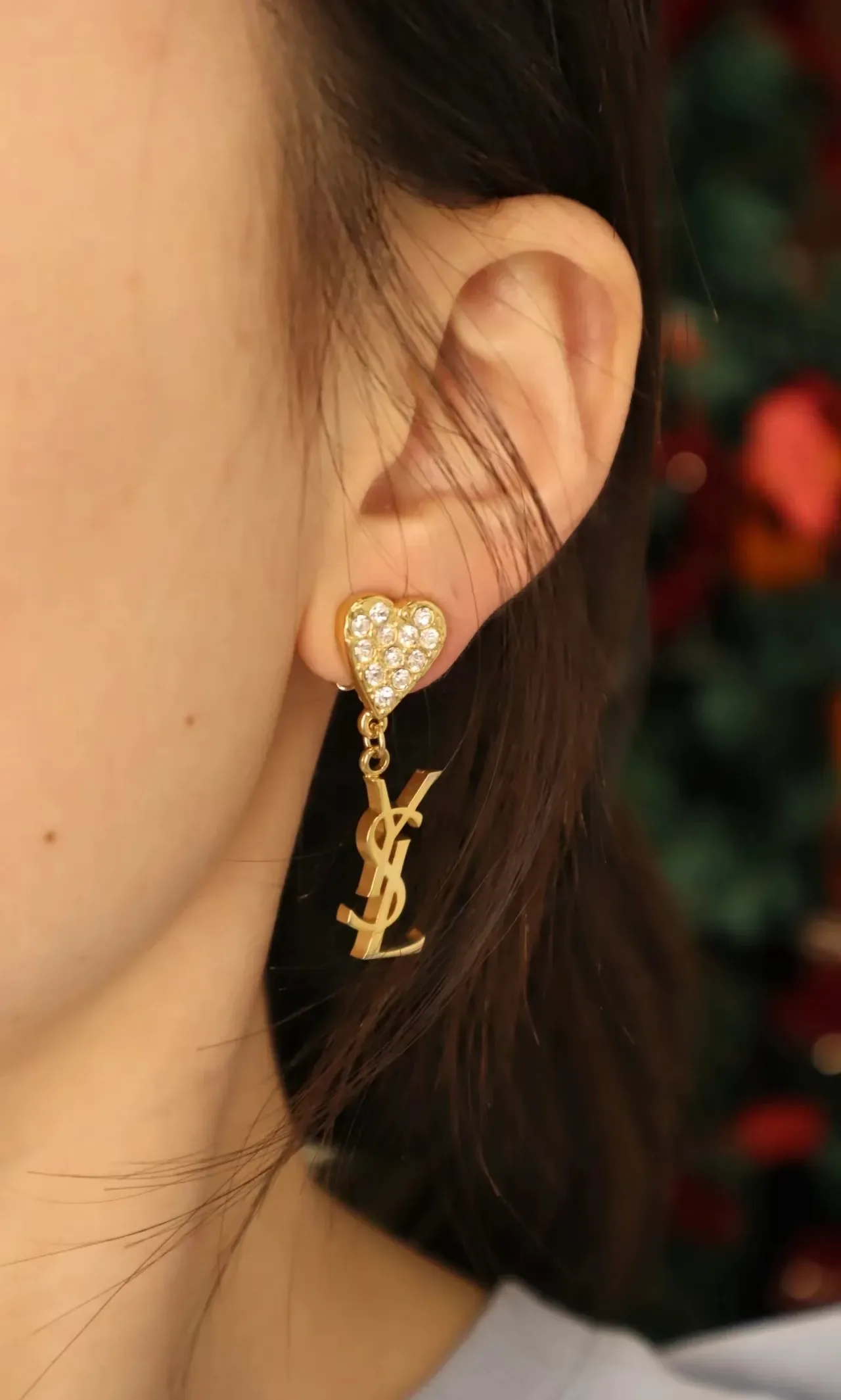 Saint Laurent Heart Crystal and Monogram Dangling Earrings 3