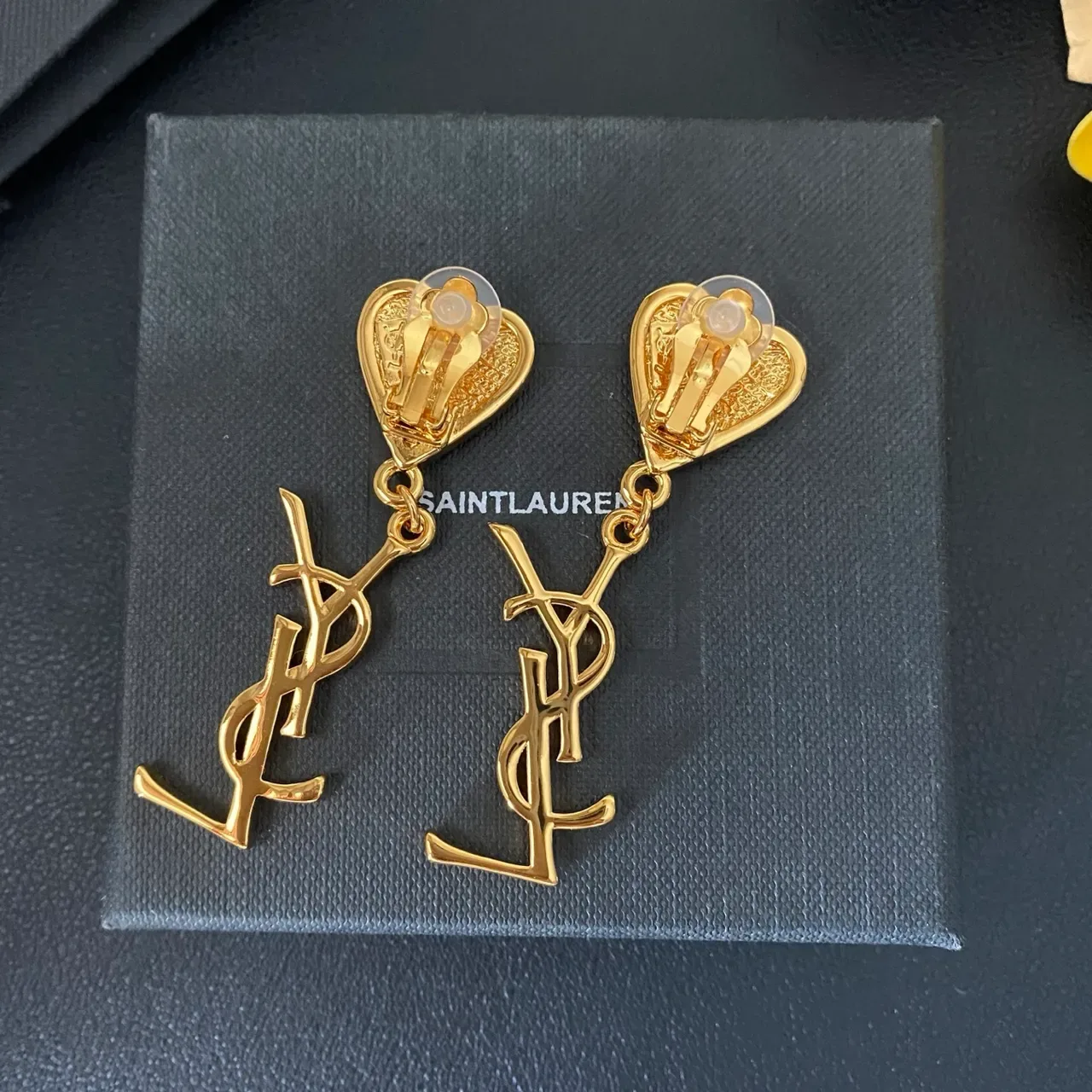 Saint Laurent Heart Crystal and Monogram Dangling Earrings 4