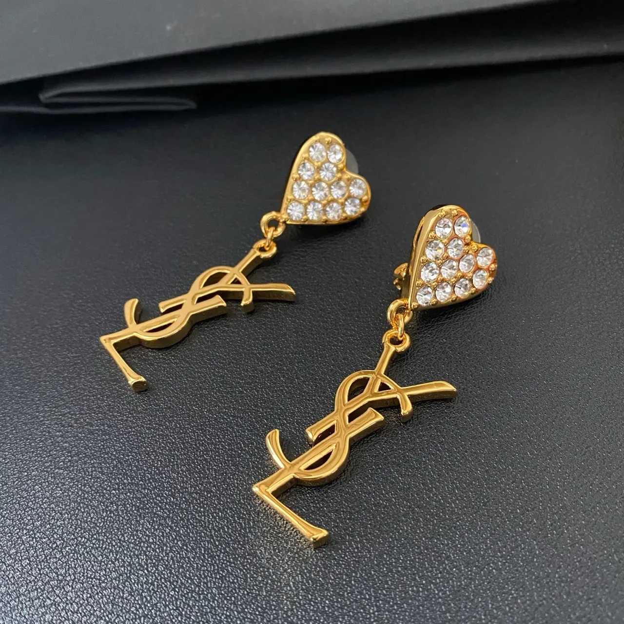 Saint Laurent Heart Crystal and Monogram Dangling Earrings 5
