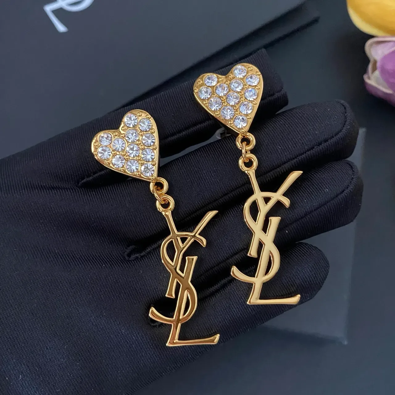 Saint Laurent Heart Crystal and Monogram Dangling Earrings 6
