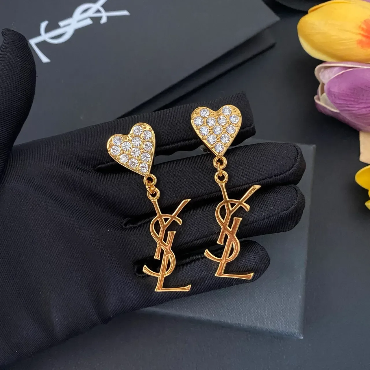 Saint Laurent Heart Crystal and Monogram Dangling Earrings 7