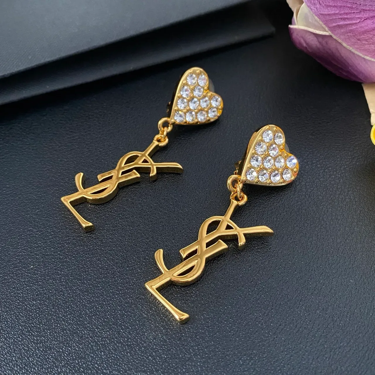 Saint Laurent Heart Crystal and Monogram Dangling Earrings 8
