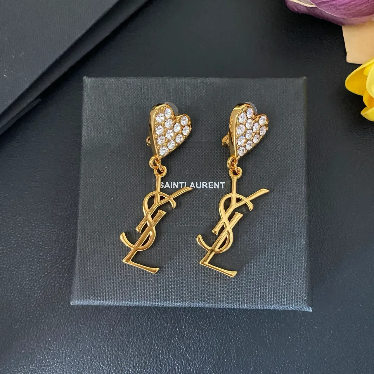 Saint Laurent Heart Crystal and Monogram Dangling Earrings 9