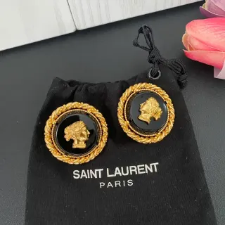 Saint Laurent Medallion Black Gold Circular Classical Profile Bust Earrings