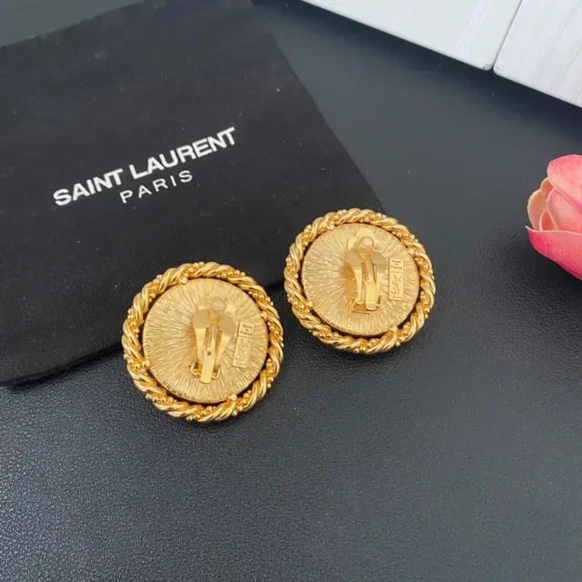 Saint Laurent Medallion Black Gold Circular Classical Profile Bust Earrings 3