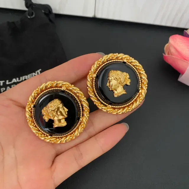 Saint Laurent Medallion Black Gold Circular Classical Profile Bust Earrings 4