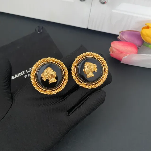 Saint Laurent Medallion Black Gold Circular Classical Profile Bust Earrings 6