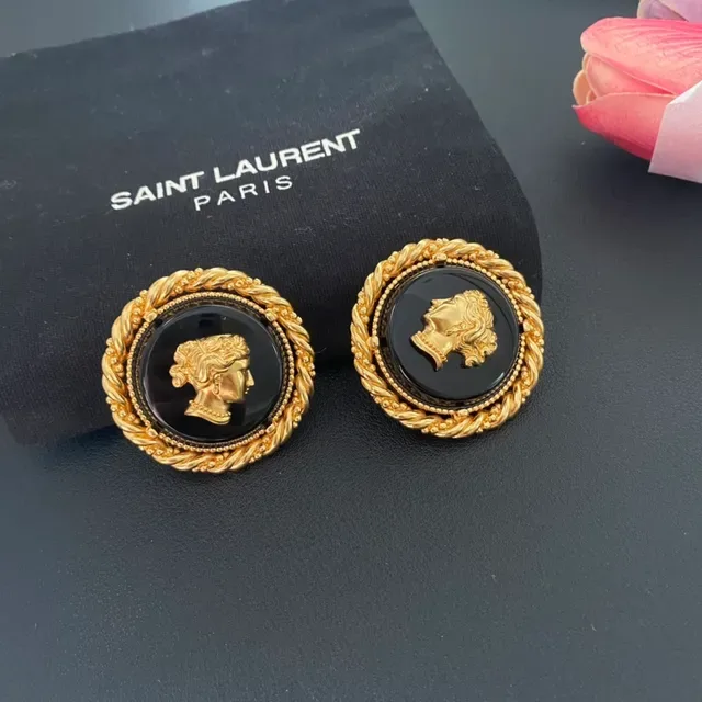 Saint Laurent Medallion Black Gold Circular Classical Profile Bust Earrings 7