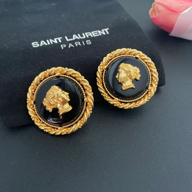 Saint Laurent Medallion Black Gold Circular Classical Profile Bust Earrings 8