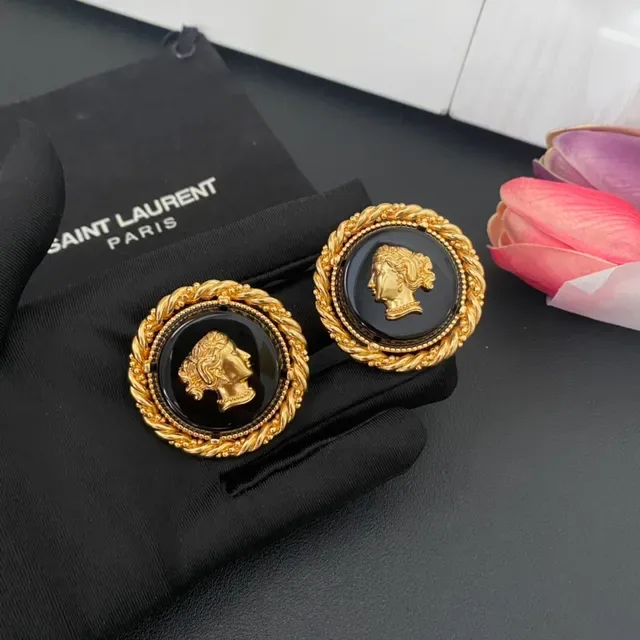 Saint Laurent Medallion Black Gold Circular Classical Profile Bust Earrings 9