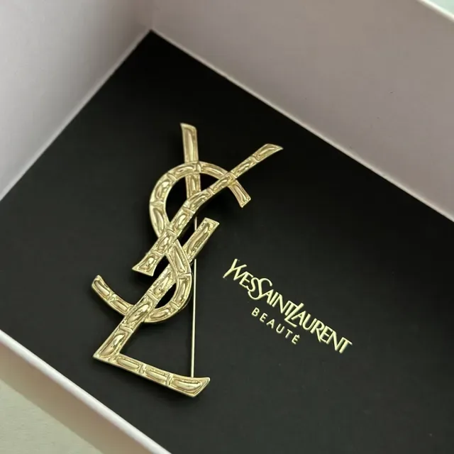 Saint Laurent Monogram Interlocking YSL Gold-Tone Brooch 7
